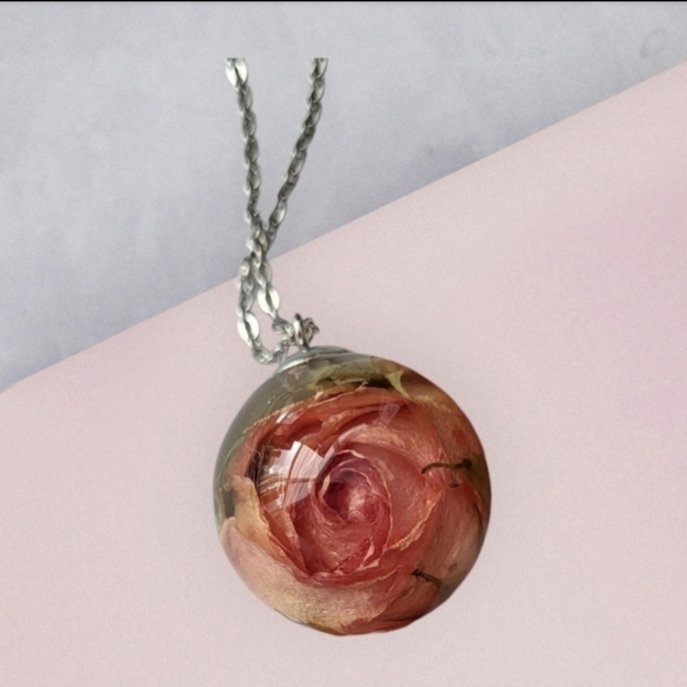 Pink / green rose flower petals pendant orb necklace in resin